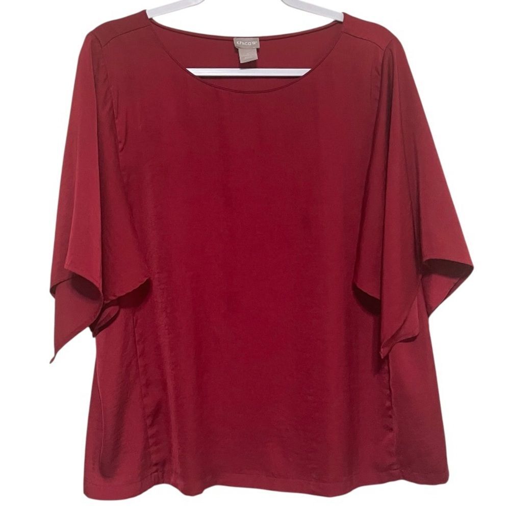 Chico's 2 Red Split Sleeve Silky Blouse Lightweight Relaxed Fit Size L 12/14